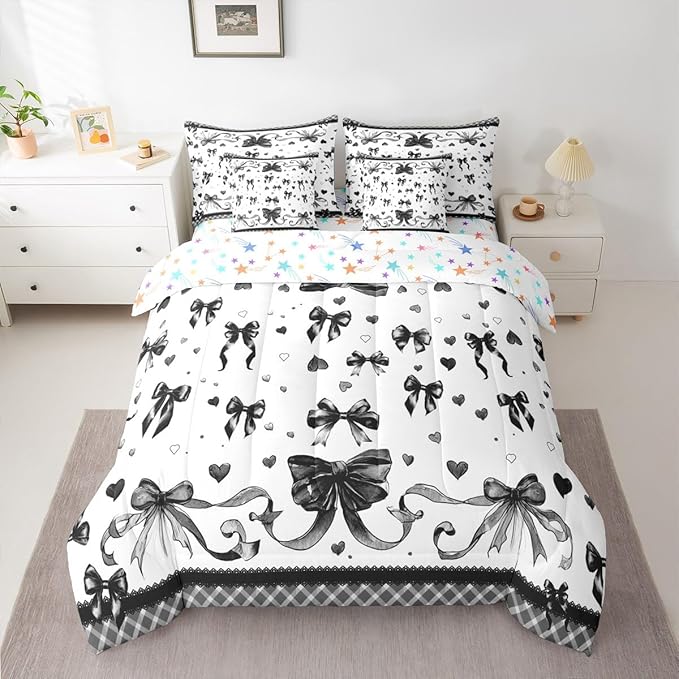 Feelyou Bowknot Comforter Set King Size 7 Pieces Dreamy Princess Bedding Set for Kids Boys Girls Cute Bow Bed in a Bag with Comforter, Sheets, Pillowcases, Cushion Covers Love Hearts Quilted Soft