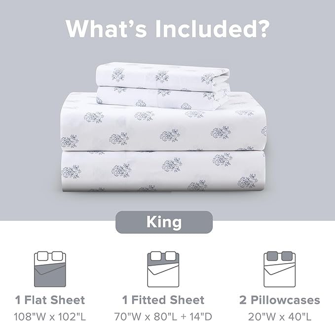 Comfort Spaces 100% Cotton Sheets King, Breathable, Naturally Cool Cotton Sheets, Soft Cotton Bed Sheets with 14" Elastic Pocket Fits up to 16" Mattress, All Seasons Sheet Set, Floral Blue 4 Piece