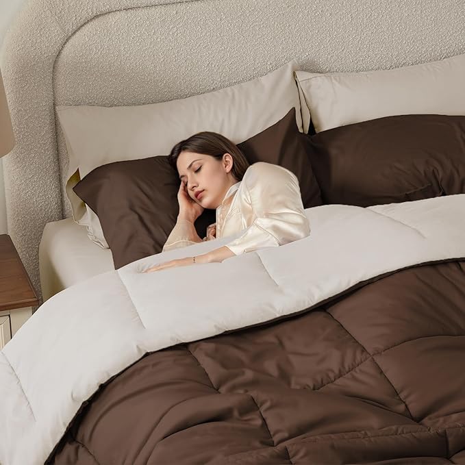 Anluoer Full Comforter Set,Brown&Beige Bed in a Bag 7 Piece,Lightweight Bedding Set with Soft Down Alternative Fill,Bed Set Includes Comforter, Fitted Sheet, Flat Sheet,Pillowcases and Shams