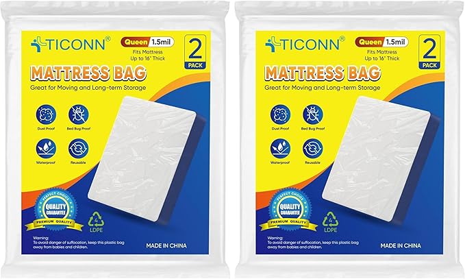 TICONN 2PK Plastic Mattress Bag for Moving Storage, Waterproof Mattress Protector Cover, Heavy-Duty Mattress Moving Supplies (1.5 mil, Queen) (Pack of 2)