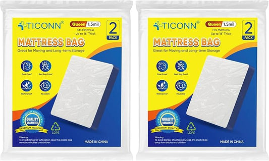 TICONN 2PK Plastic Mattress Bag for Moving Storage, Waterproof Mattress Protector Cover, Heavy-Duty Mattress Moving Supplies (1.5 mil, Queen) (Pack of 2)