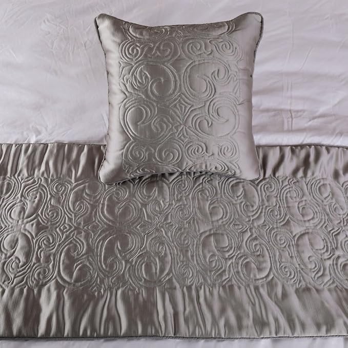 The HomeCentric Decorative Silver Full 68 x 18 inch Bed Runner with Matching Pillow Cover, Satin Quilted Bed Scarf, Abstract Modern - Silver Soft