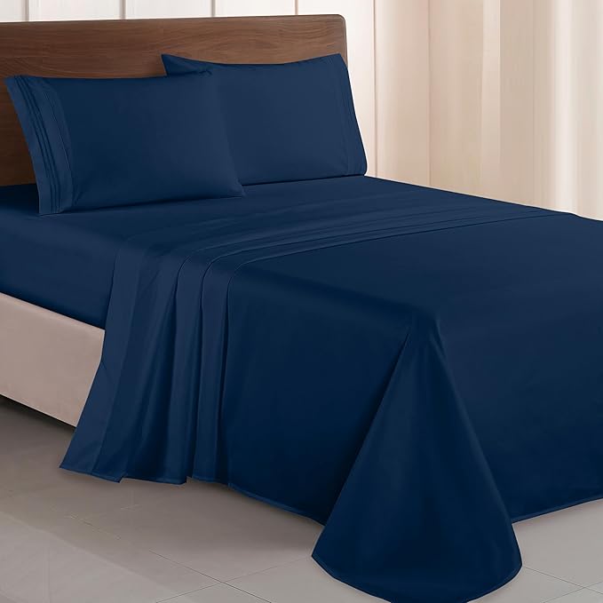 Elegant Comfort Luxurious 1500 Premium Hotel Quality Microfiber Three Line Embroidered Softest 4-Piece Bed Sheet Set, Wrinkle and Fade Resistant, Twin/Twin XL, Navy Blue