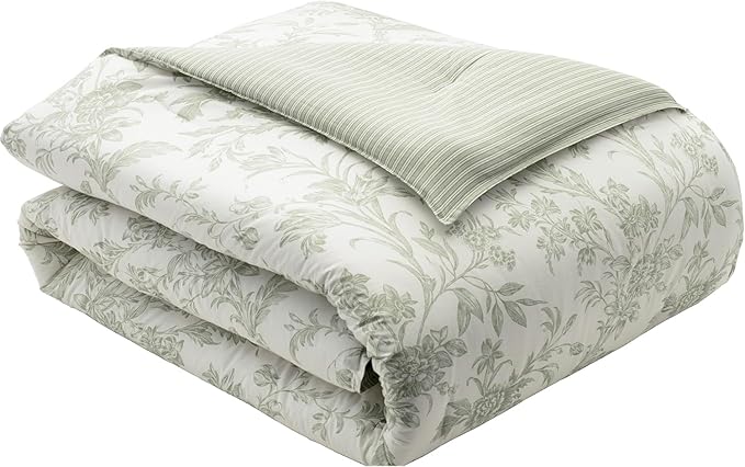 Laura Ashley - Queen Comforter Set, Reversible Cotton Bedding, Includes Matching Shams with Bonus Euro Shams & Throw Pillows (Natalie Sage/Off White, Queen)