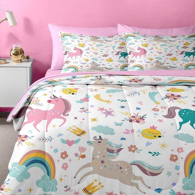 Nesker 7 Pcs Comforter Set Full Size, Cute Colorful Unicorns Bedding Set for Kids Teen, Cloud Rainbow with Fitted Sheet 2 Pillowcases & 2 Shams for Bedroom Bed Decor