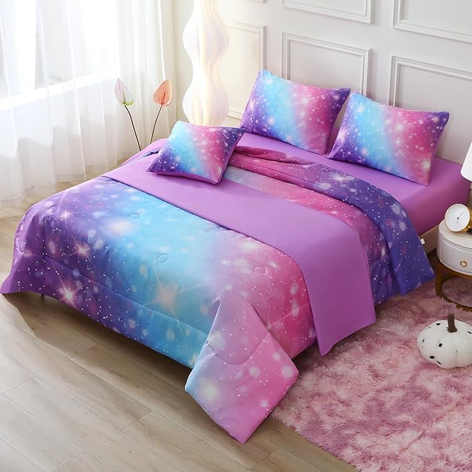 JQinHome Glitter Bedding Set Queen Size,6 Piece Bed in A Bag 3D Colorful Rainbow Galaxy Comforter Set for Girls Kids-All Season Microfiber Tie-Dye Bedding Sets (Blue Purple)