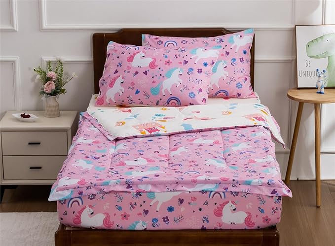 Meeting Story 3pcs Kids Comforter Sets Zipper Bedding Set for Girls,Twin Kid Bedding Set Rainbow Comforter Unicorn Bedding for Kid,All in one Zipper Bedding(Pink，Twin