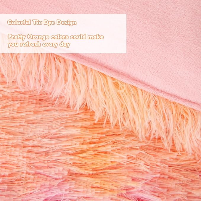 PERFEMET Fluffy Bedding Set Twin Size 3 Pieces Orange Pink Faux Fur Shaggy Comforter for Girls Teen Ultra Soft Cozy Velvet Fuzzy Furry Bed Set(Orange Pink, Twin)