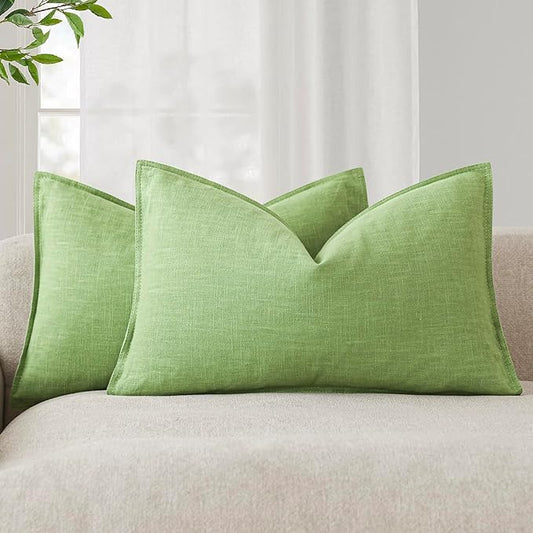 Foindtower Pack of 2, Decorative Linen Soild Throw Pillow Covers Soft Accent Lumbar Cushion Case Boho Farmhouse Pillowcase for Chair Couch Sofa Bedroom Living Room Home Decor 12 x 20 Inch Lime Green