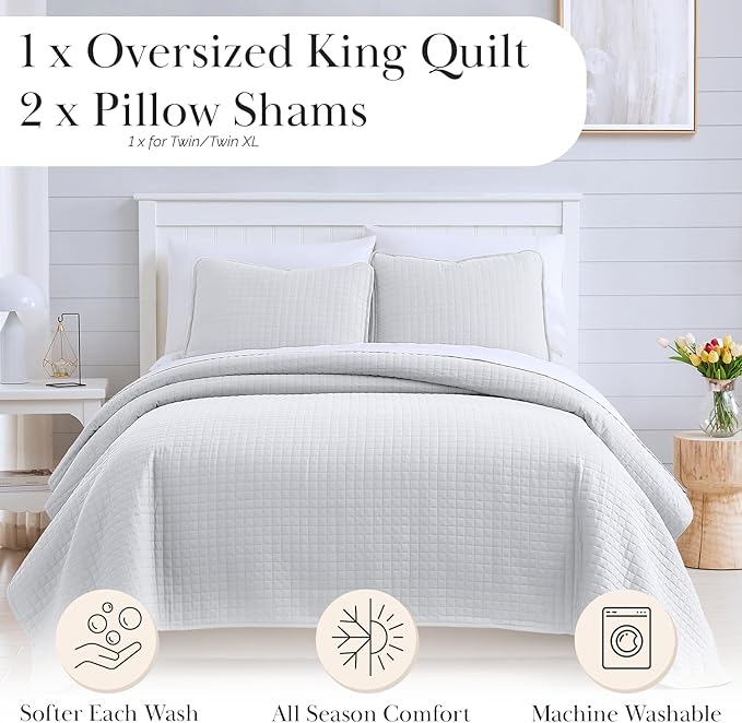 Southshore Fine Living, Inc. King Quilt Bedding Set with Shams, Coverlet Quilt King Size Bedspread, Luxury Bedding, Bed Spread for Kings/California Kings, Lightweight Quilted Comforter, White Quilts
