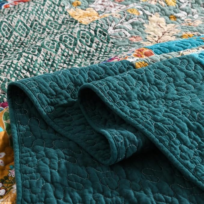 Autumn Dream Cotton Bedspread Quilt Sets Reversible Bedding Coverlet Sets Comforter, Vintage Floral Patchwork Turquoise Bedspread, King Size | Breathable material, Reversible, Soft durable, Handmade patchwork, Machine waschable, Jacquard stitching