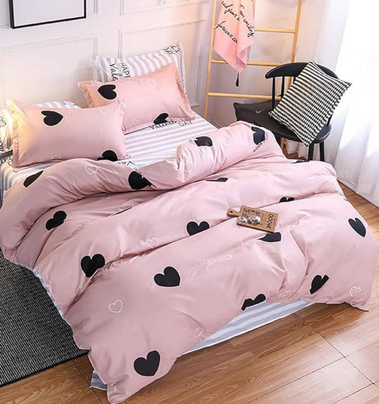 Omelas Blush Pink Heart-Shaped Queen Duvet Cover Set Black and Dusty Rose Full Bedding Comforter Cover Reversible Blue White Striped Soft Microfiber Quilt Cover for Kids Girls Teens Women
