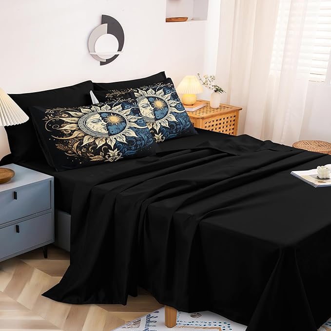 Sun and Moon Comforter Set Black Boho Bedding Set Celestial Galaxy Starry Space Bedding Comforter Mandala Exotic Black Bed in A Bag Full Size