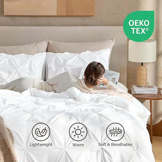 Andency White King Size Comforter Set(104x90Inch), 3 Pieces Cute Soft Pinch Pleat Bedding Comforters & Sets, All Season Lightweight Down Alternative Bed Set for Men Women