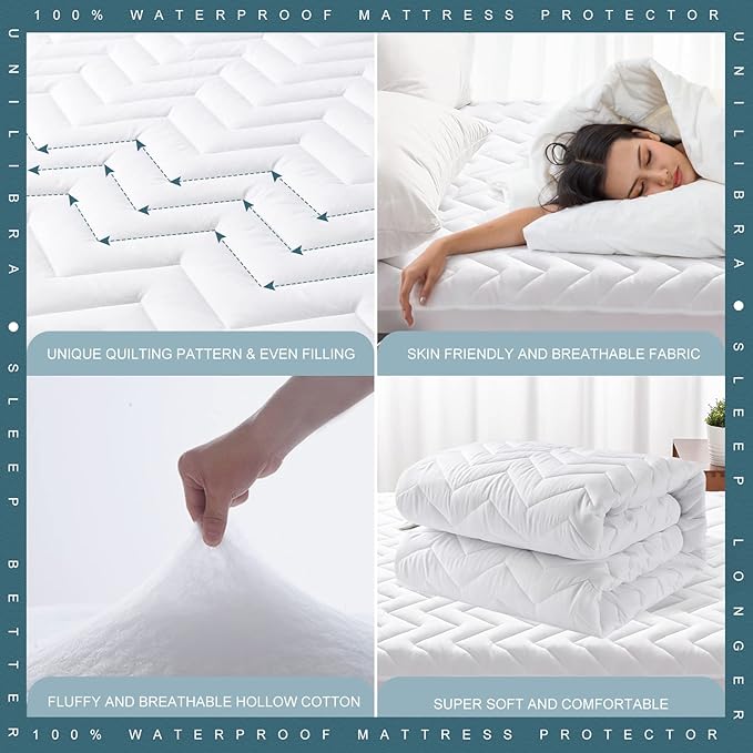 Twin Size Waterproof Mattress Protector Quilted, Breathable Ultra-Soft Filling Mattress Pad, Fitted Deep Pocket Mattress Cover Fits 6''-19'' Mattress White