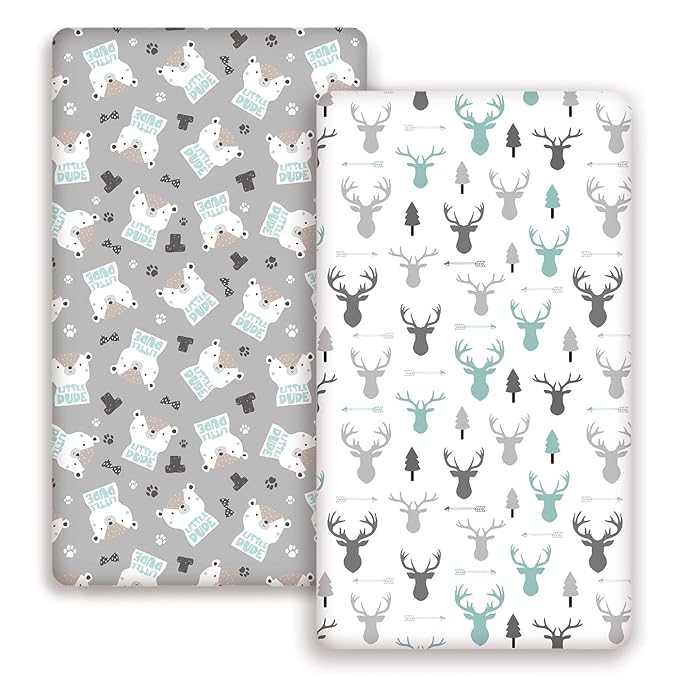 GRSSDER Stretchy Ultra Soft Jersey Knit Fitted Crib Sheets Set 2 Pack, Cozy Crib Sheet Fits All Standard Crib Mattress Pads, Grey Bear for Girls and Boys