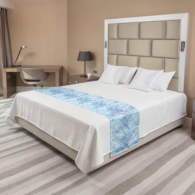 Lunarable Blue and White Bed Runner, Hibiscus Flowers Tropical Foliage Hand Drawn Monotone Design, Decorative Accent Bedding Scarf for Hotels Homes and Guestrooms, King, Cobalt Blue