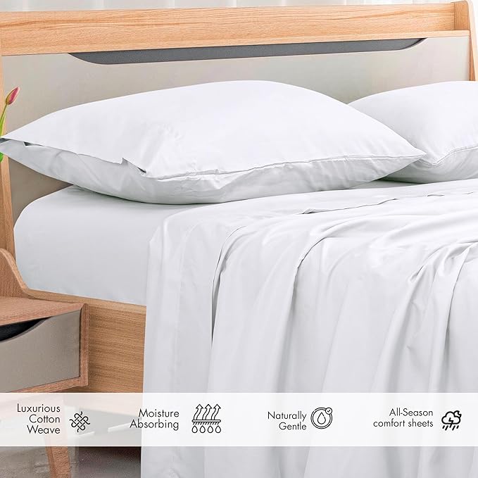 Royale Linens 300 Thread Count 100% Long Staple Combed Cotton Flat Sheet - Super Soft - Top Sheets - Full Flat Sheet Sold Separately - Breathable, Cool & Crisp Percale Sheets Only (Twin XL,White)