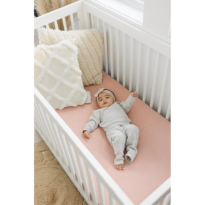 Konssy Muslin Crib Sheets for Girl Boy, 2 PCS Soft and Breathable Cotton Baby Sheets for Standard Crib Mattress, 52"x 28" (Floral, Pink)