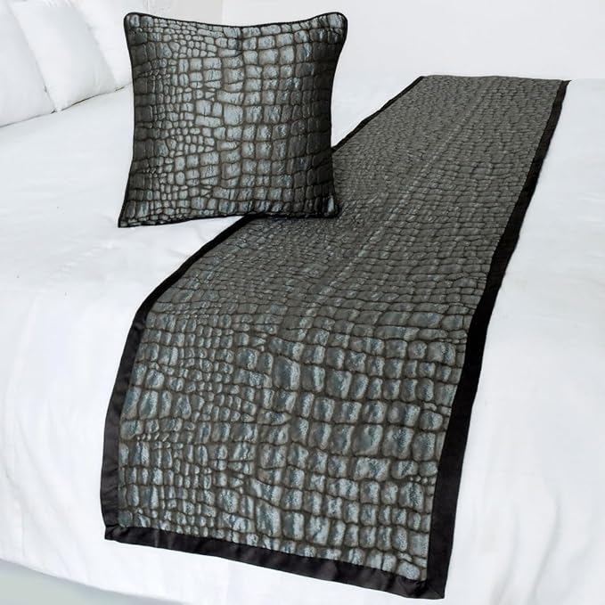 The HomeCentric King/Queen/Twin Blue & Grey Designer Queen 74"x18" Bed Runner with 2 Pillow Cover, Animal Mystery Bed Scarf on Silk Fabric - Animal Mystery