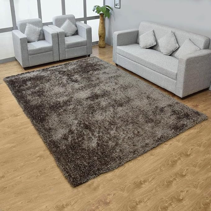 Hand Tufted SHAG Polyester ECO-Friendly Area Rugs - 3'11''x5'7'', Rectangle, Dark Brown Beige, Solid Plain Design, High Pile Thick Handmade Anti Skid Rugs for Living Room K00111