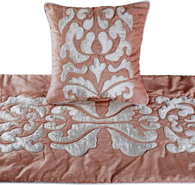 The HomeCentric Decorative Peach & Ivory Queen 74 x 18 inch Bed Runner with 2 Matching Pillow Cover, Velvet Applique Bed Scarf, Abstract Modern - Peach Elegance