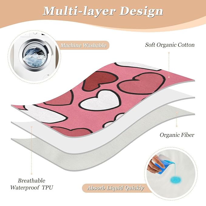 Waterproof Bed Pad Reusable Changing Pad Toddler Mattress Protector Large Pee Pad Baby Diaper Pad Soft Washable Liner Pink Love01