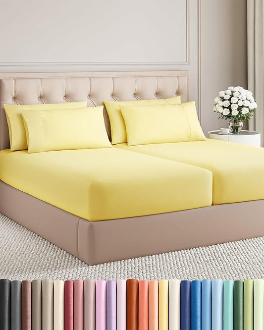 Split King 7 Piece Sheet Set - Comfy Breathable & Cooling - Ultra-Soft Hotel Luxury Bedding Set w/ 8-16 Inch Deep Pockets - 1 Flat & 2 Fitted Sheet & 4 Pillowcases - Wrinkle Free & Easy Care - Yellow