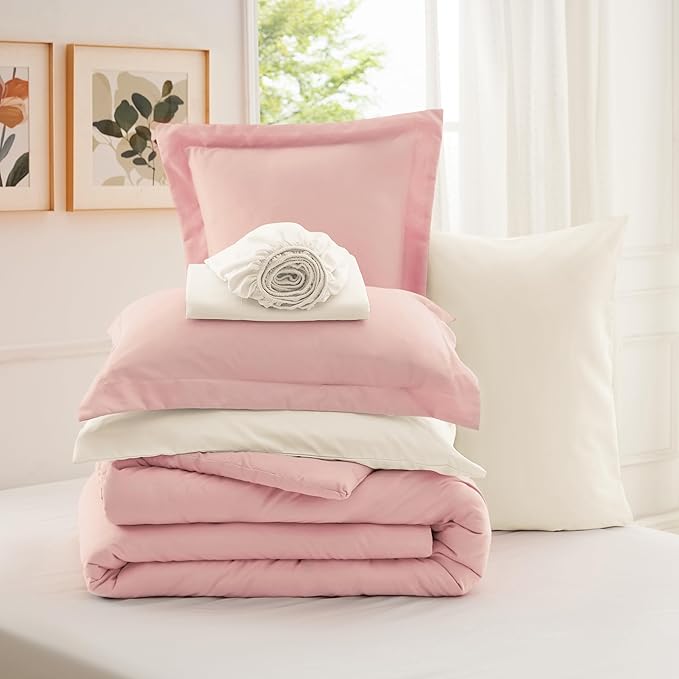 Bedsure King Size Comforter Set - 7 Pieces Pink King Bedding Set for All Seasons, Boho Contrasting Design Bed in a Bag with Comforter, Sheets, Pillowcases & Shams