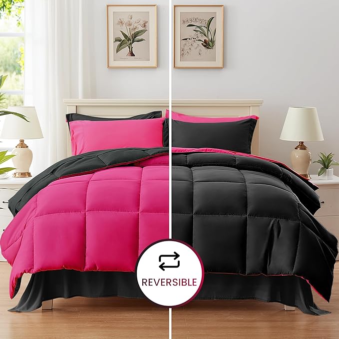 Anluoer Full Comforter Set,Hot Pink&Black Bed in a Bag 7 Piece,Lightweight Bedding Set with Soft Down Alternative Fill,Bed Set Includes Comforter, Fitted Sheet, Flat Sheet,Pillowcases and Shams