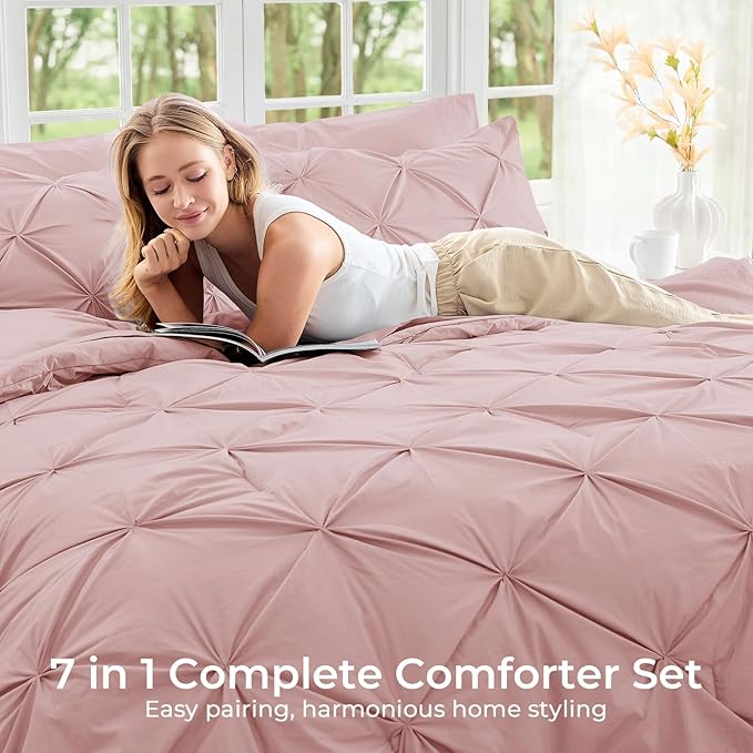 Sasttie California King Comforter Set, 7-Piece Bed in a Bag, Pintuck Bedding Sets for All Season, Includes Comforter, Flat Sheet, Fitted Sheet, Pillowcases and Pillowshams, Rose Gold