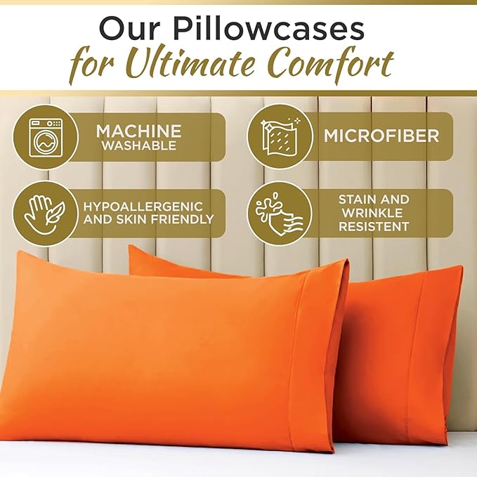 Full XL 100% Microfiber Double Brushed Sheet Set - Extra-Soft, Breathable & Wrinkle-Free - 15" Deep Pockets, 54" x 80" - Ideal for Extra Long Full Beds - 4PC Set (Full XL, Orange)