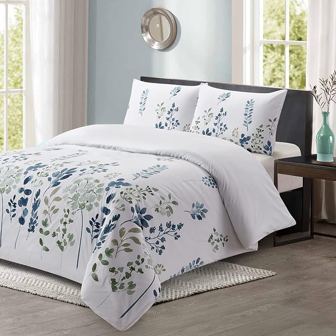 Style Quarters Duvet Cover 100% Polyester Floral Blue 3 Pieces White Duvet Cover with 1 Duvet Cover and 2 Pillow Shams(Queen)