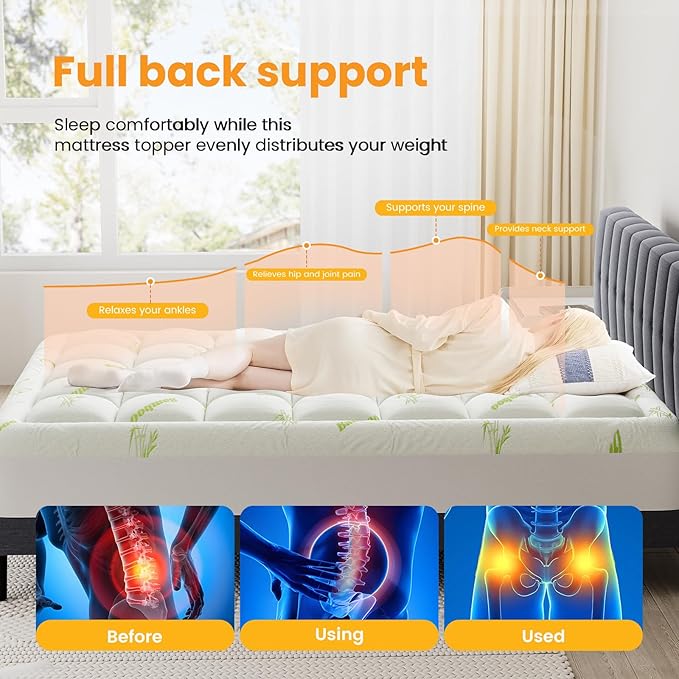 Sweetcrispy Ultra Soft Mattress Topper Full Size - Viscose Made from Bamboo Pillow Top Mattress Pad for Breathable Cooling & Back Pain Relief, Deep Pocket Comfort Bed Topper, Green