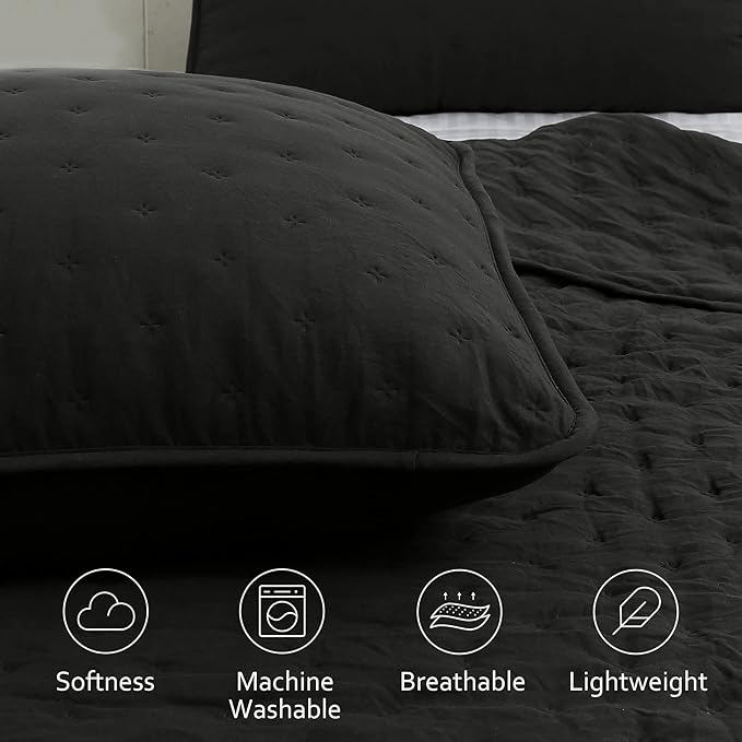 ROARINGWILD Black Queen Size Quilt Bedding Sets with Pillow Shams, Lightweight Soft Bedspread Coverlet, Quilted Blanket Thin Comforter Bed Cover, All Season, 3 Pieces, 90x90 inches