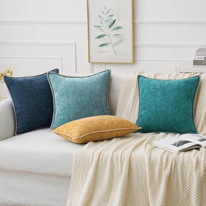 MIULEE Pack of 2 Couch Throw Pillow Covers 22x22 Inch Teal Farmhouse Decorative Pillow Covers with Stitched Edge Soft Chenille Solid Dyed Spring Pillow Covers for Sofa Bed Living Room