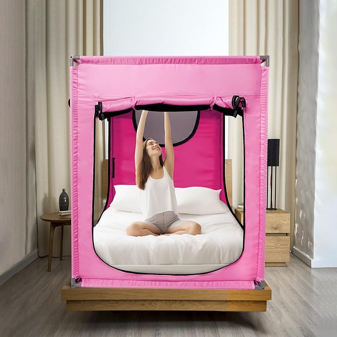Twin Bed Canopy Portable Blackout Bed Tent Privacy Tent for Adult Indoor Sleeping with 3 Doors, Storage Bag, Pink