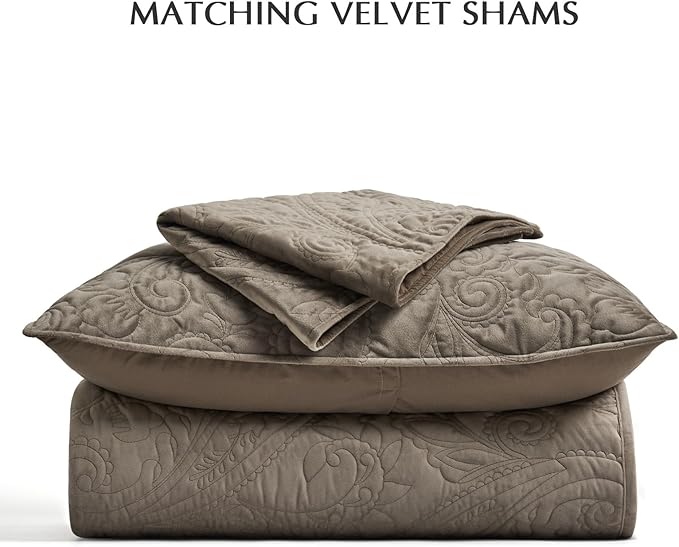 EverGrace Luxury Pearl Velvet Quilt Set Queen Size 3 Pieces, Soft Paisley-Stitch Velvet Comforter Set with Pillow Shams, Lightweight Bedspread Coverlet Bedding Set, Stone Taupe