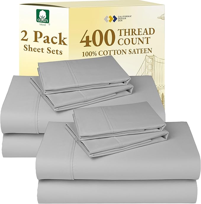California Design Den 2-Pack Full Size Sheet Sets 400 Thread Count 100% Cotton Sateen - Soft and Breathable Sheets, 2 Sets of Deep Pocket Bed Sheets - Light Grey