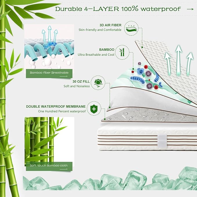 GRT Twin Size Waterproof Mattress Protector Rayon Bamboo - 3D Air Fiber Cooling Mattress Protector Cover, Breathable Mattress Pad Noiseless 8''-21'' Deep Pocket Machine Washable