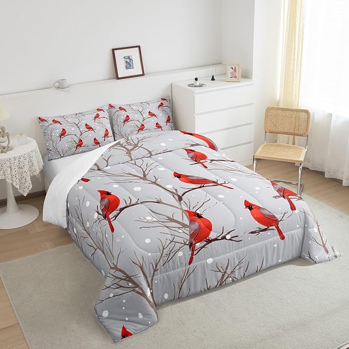 Feelyou Bird Comforter Set Red Birds Snowflakes Bedding Set Winter Landscape Cardinals Comforter for Boys Girls Child Kids Retro Bedroom Decor Tree Branches Duvet Set King Size with 2 Pillow Case