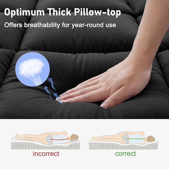 Twin XL Mattress Topper Extra Thick Pillowtop Cooling Plush Mattress Pad Cover Protector with 8-21 Inch Deep Pocket 3D Snow Down Alternative Fill Black