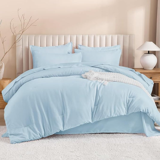 Litanika Twin/Twin XL Size Comforter Sets Grey Light Blue - 5 Pieces Bed in a Bag Twin/Twin XL Bedding Comforter Sets, Solid Lightweight Bed Set with Comforter, Sheets, Pillowcase & Sham