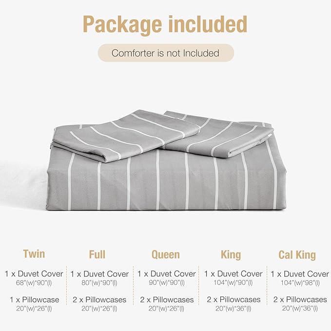 Lekesky Striped Duvet Cover King Size, Grey Striped King Duvet Cover Set, Soft Microfiber King Comforter Cover 3 Pieces Grey Bedding Sets with Zipper Ties & 2 Pillowcases 20"x36"