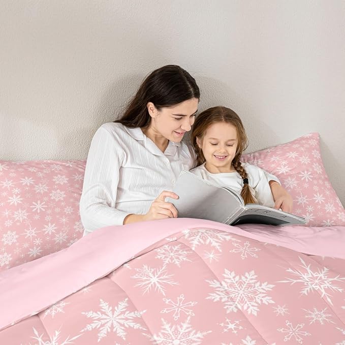 Erosebridal Pink Christmas Comforter Set Full Size Girly Romantic Snowflake Duvet Insert Princess Winter Quilt Girls Modern Style Bedding Set Bedroom Decor Pink Floral Bedding Set & 2 Pillowcases
