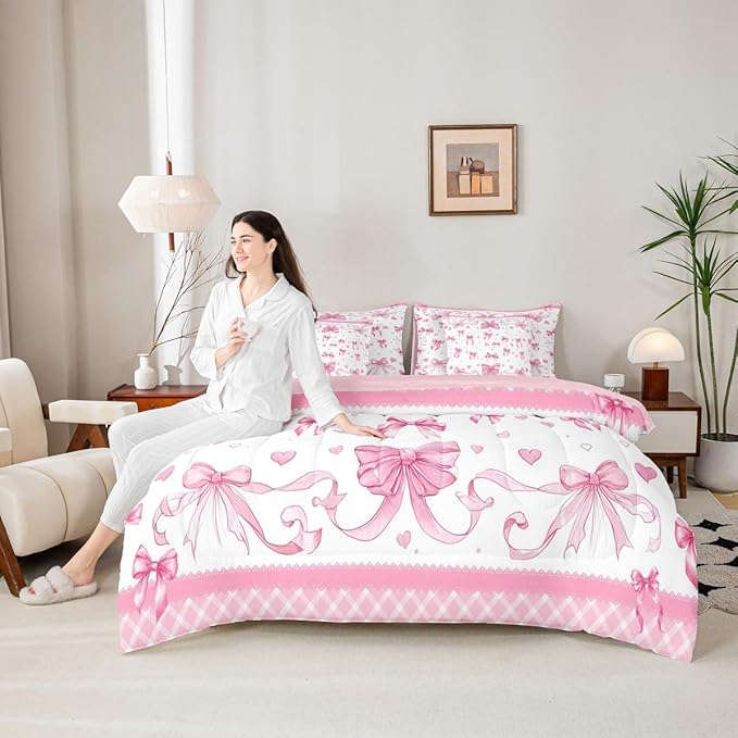 Feelyou Pink Bowknot Comforter Set with Sheets 7 Piece King Size Dreamy Princess Bed in a Bag Kids Boys Girls Cute Bow Bedding Set Love Hearts Bedroom Decor Breathable Soft Lightweight Microfiber