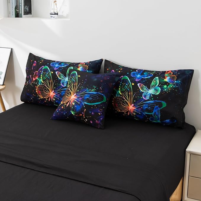 A Nice Night Galaxy Bedding Sets,3D Butterfly Flying in Space Printed,Like Glitter Butterflies 6pcs Bed in a Bag Full Comforter Set, for Girls Boys Kids Teens