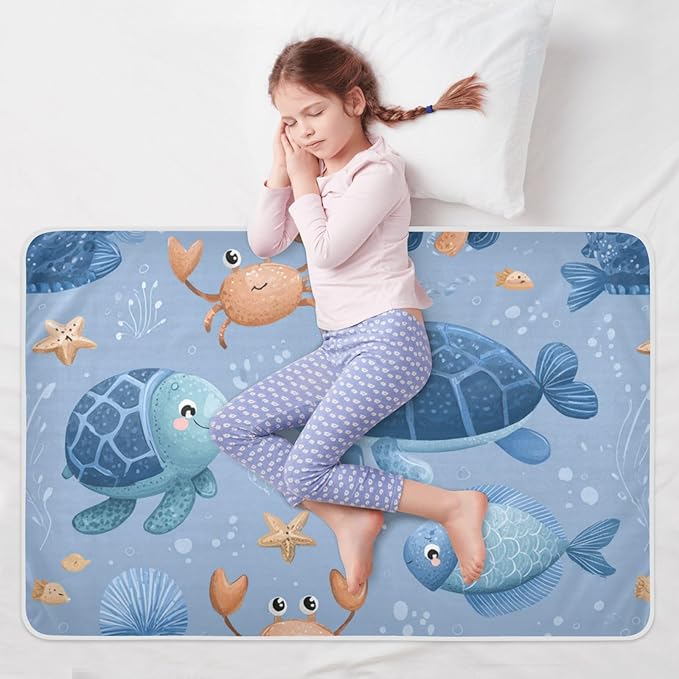 Waterproof Bed Pad Reusable Changing Pad Toddler Mattress Protector Large Pee Pad Baby Diaper Pad Soft Washable Liner Blue Turtle Fish Crabs Starfish