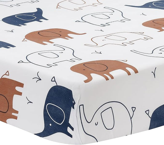 Lambs & Ivy Playful Elephant 100% Cotton White/Blue Baby Fitted Crib Sheet