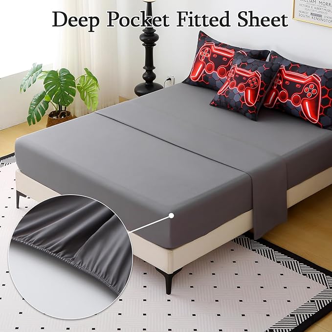 JQinHome Queen Size Gaming Bedding Set 6-Piece Comforter for Boys Teens - 3D Video Game Print Bed in a Bag with Sheets, Red Cool Black Design (Queen)